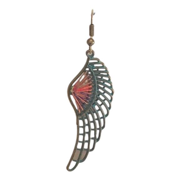 Bohemian Feather Wing Colored Beads And Green Patina On Brass Earrings - Picture 11 of 12